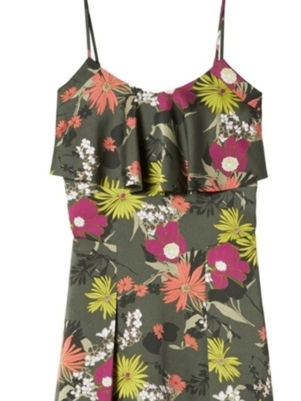 Banana Republic Olive Green Floral Spaghetti-Strap Dress - Size 14 - Picture 3 of 10